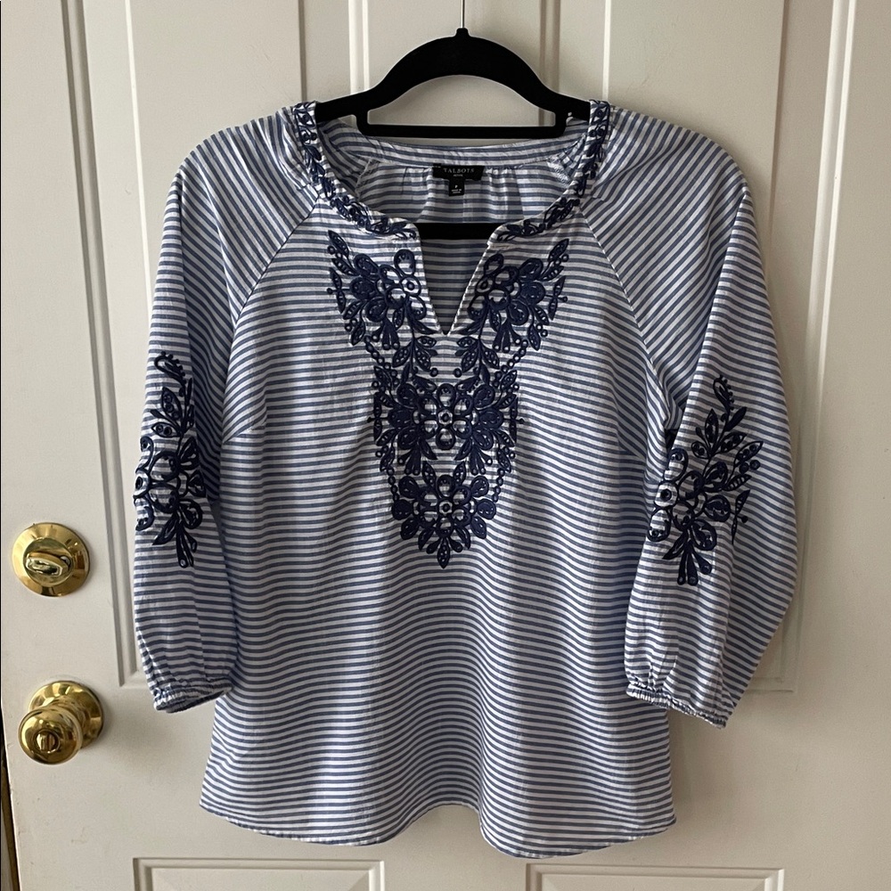Talbots Blue & White Striped Embroidered V-Notch Tunic Size P